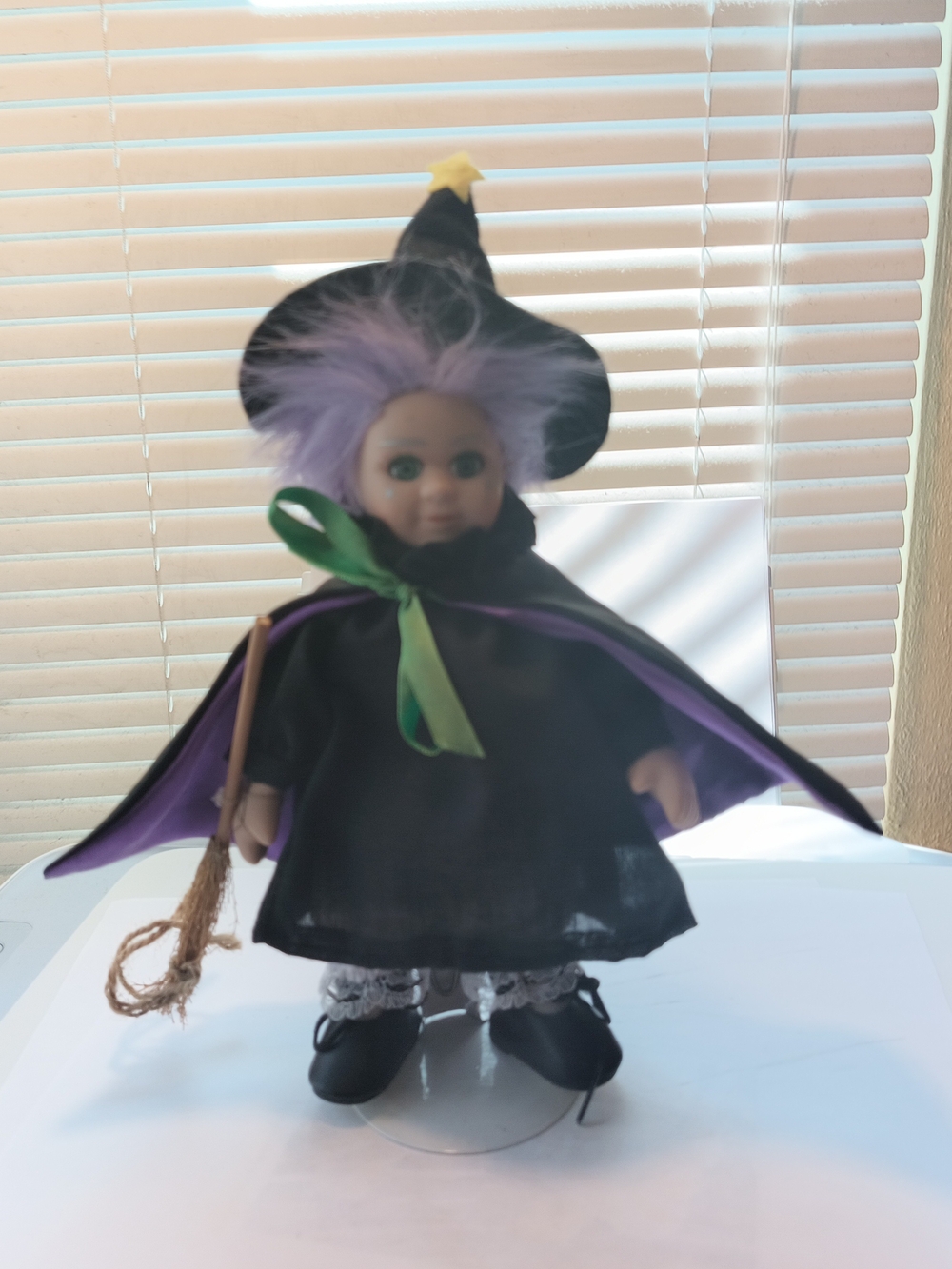 Purple-Haired Witch Doll in Black Cape with Broom 8 Tall Porcelain With Stand